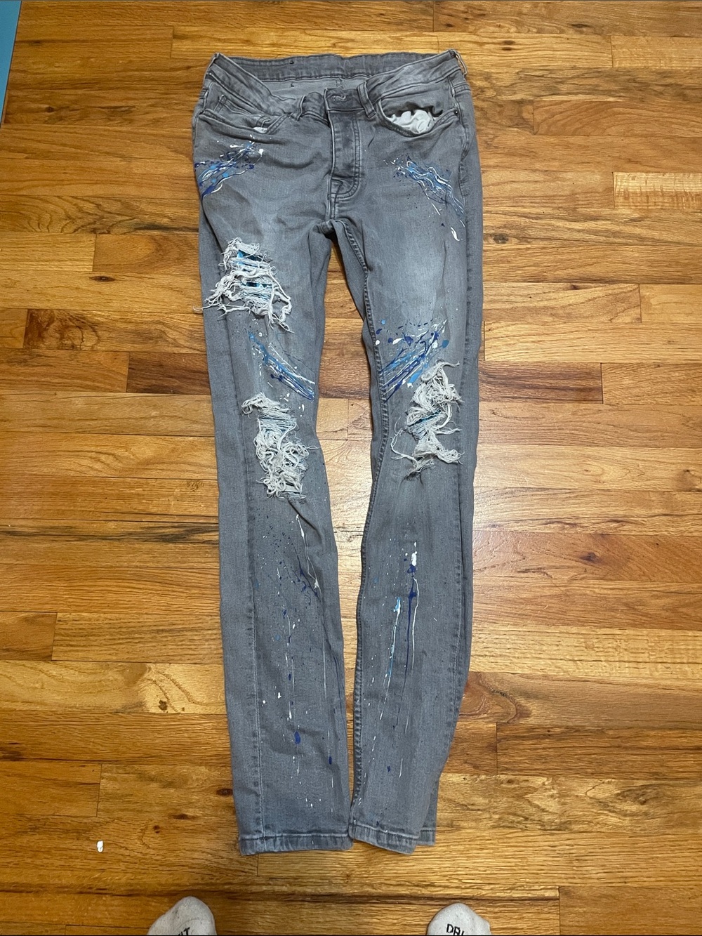 Men's Skinny Gray Distressed Jeans with Blue Paint Accents